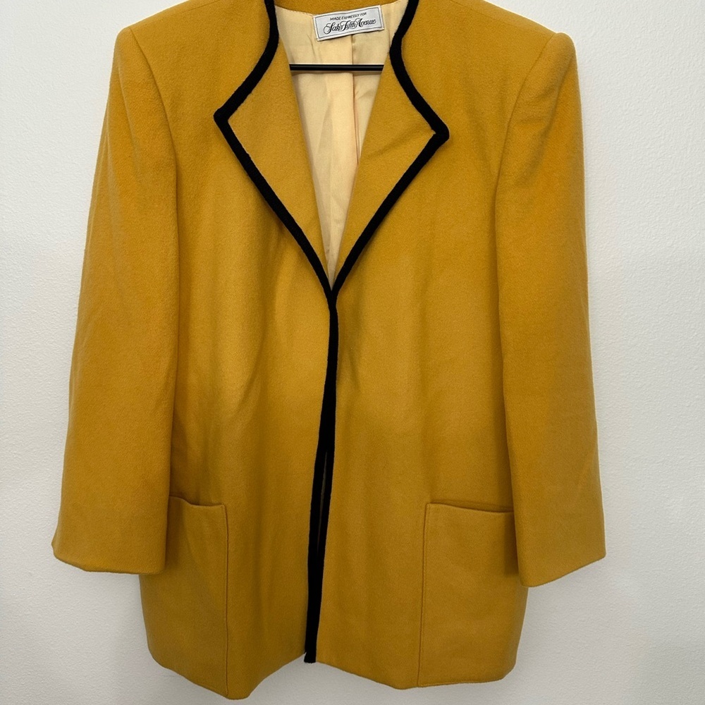 Saks Fifth Avenue Augustus Mustard Blazer With Black Trim Wool Cashmere Size 10